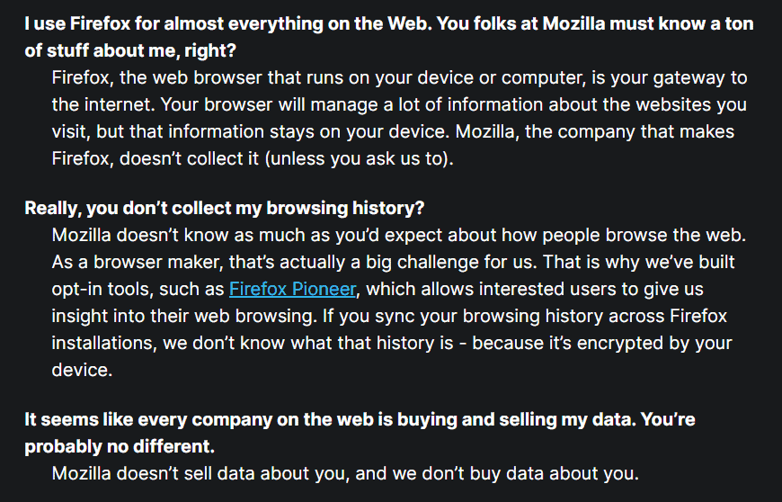 Mozilla in their FAQ claims they don’t buy or sell your data